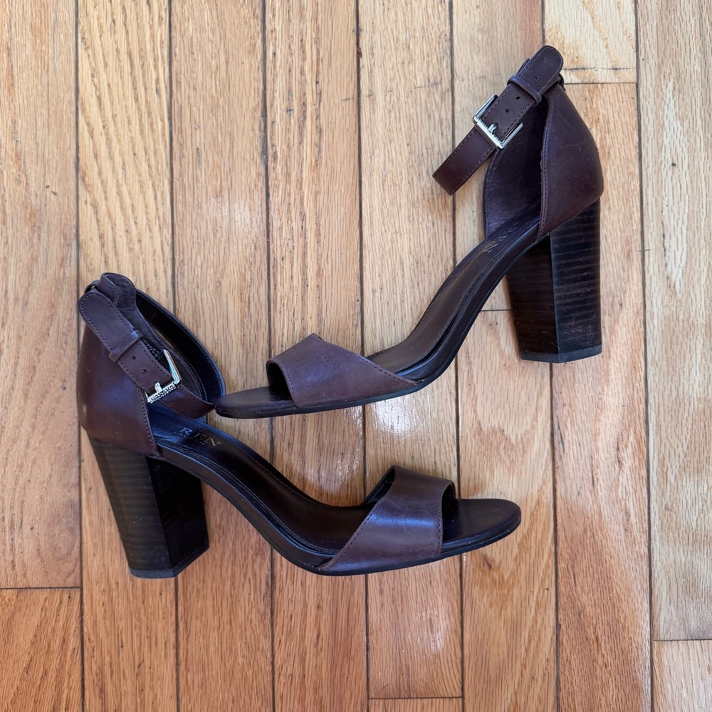 Ralph Lauren Brown Heeled Sandals with Chunky Block Heel Size 8